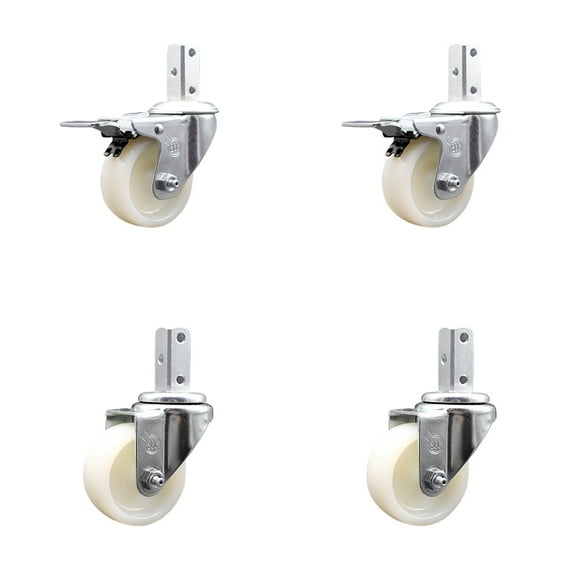 3 Inch Nylon Wheel Swivel 7/8 Inch Square Stem Caster Set 2 Total Lock Brakes