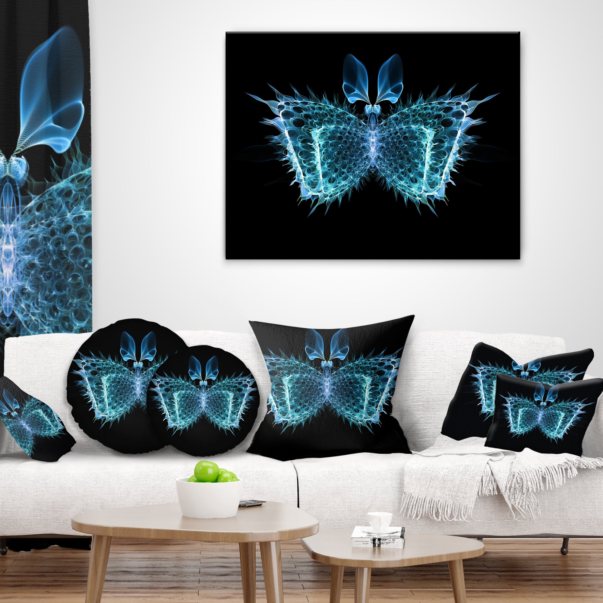 Designart Blue Fractal Butterfly in Dark - Abstract Throw Pillow - 16x16