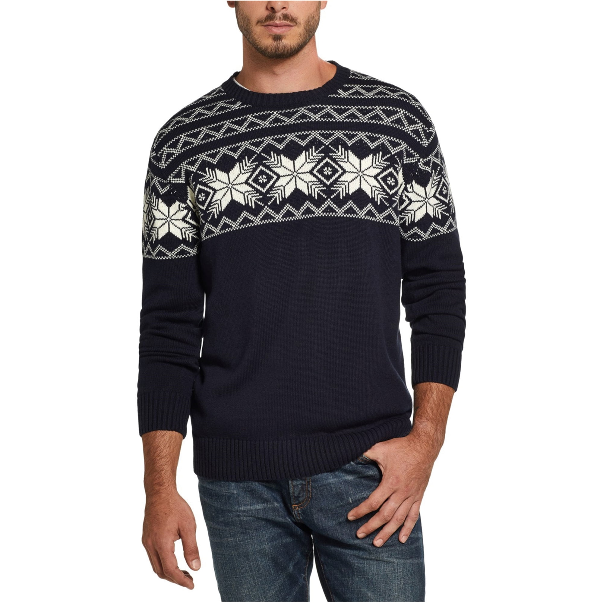 Mens Thicken Long Sleeve Snowflake Pattern Round Neck Pullover Knitted Sweater