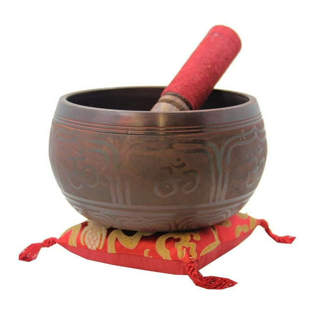 Tibetan Large 5.5 Inch Om Aum Singing Bowl Leather Mallet Silk Cushion Set