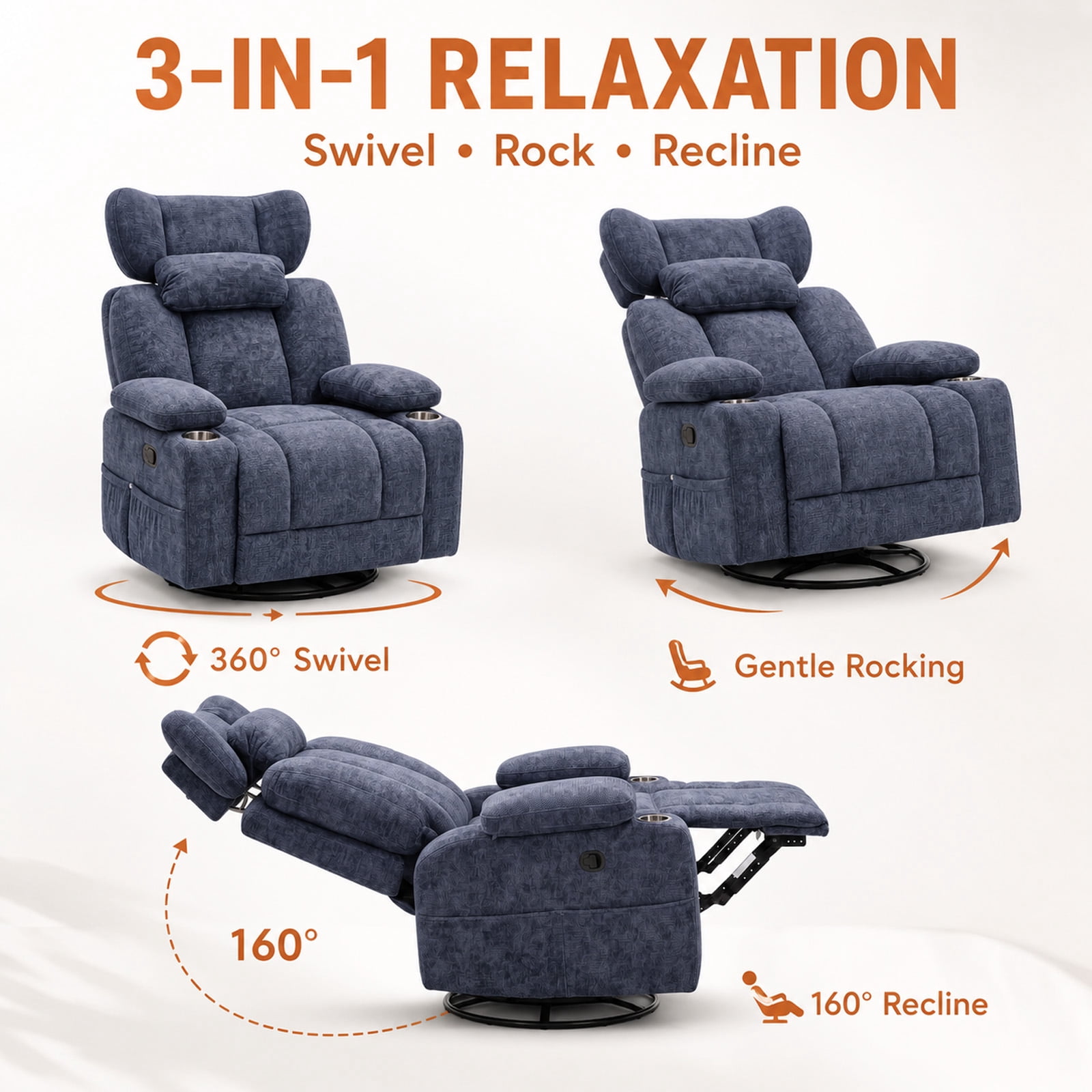 Leumius 360° Swivel Recliner Chair, Single Recliner with Adjustable Detachable Neck Pillow Ergonomic and Cup Holders, 300lbs Capacity Versatile Lounge Chair for Living Room Bedroom Home Theater