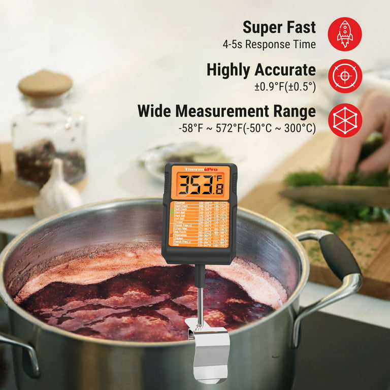ThermoPro Tp510w Waterproof Digital Candy Thermometer with Pot Clip, 8 inch Long Probe Instant Read Food Cooking Meat Thermometer for Grilling Smoker
