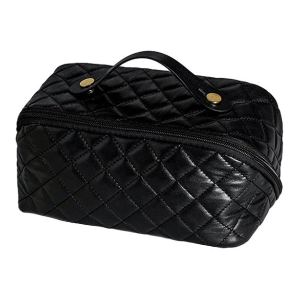 Yuarrent Gran capacidad y fácil de limpiar: bolsa de maquillaje de 2313510 cm con gran apertura hecha de cuero de PU Diseño de gran apertura Almacenamiento y organización del hogar Negro