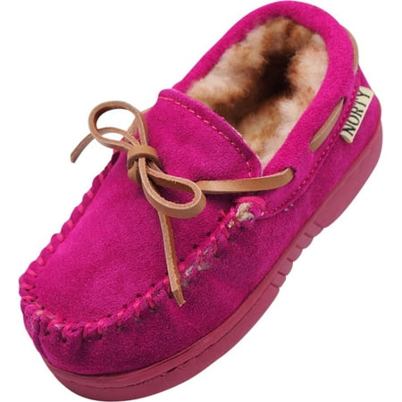 NORTY Little and Big Kids Boys Girls Unisex Suede Leather Moccasin Slip On Slippers, 40108 Magenta /