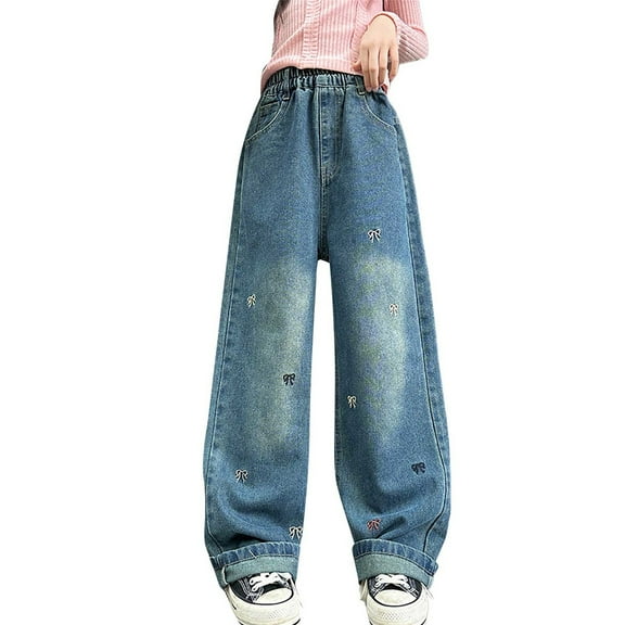 XQYLOS Graphic Jeans for Girls, Elastic Waist Straight Leg Denim Pants Kids 5-16 Years | Glitter Shiny Trendy Trousers Comfort Fit
