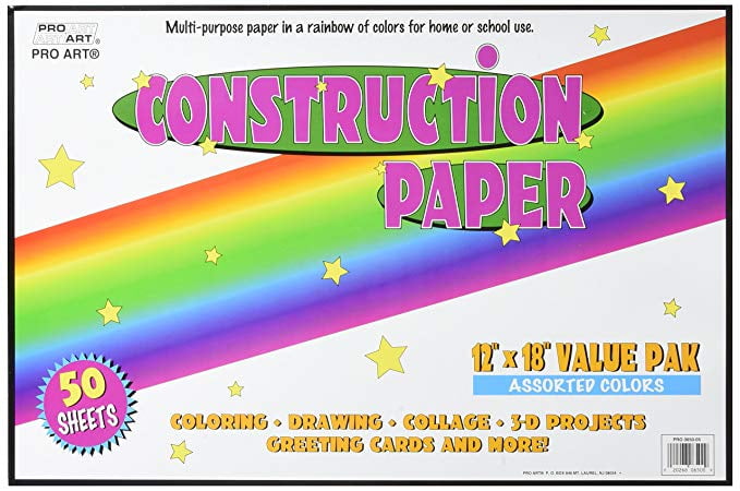 Pro Art Large Construction Paper 50 Assorted Colors Sheets Per Pack, 12' x 18