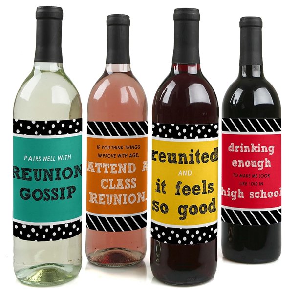 Class Reunion - Party Decorations for Women and Men - Wine Bottle Label  Stickers - Set of 4