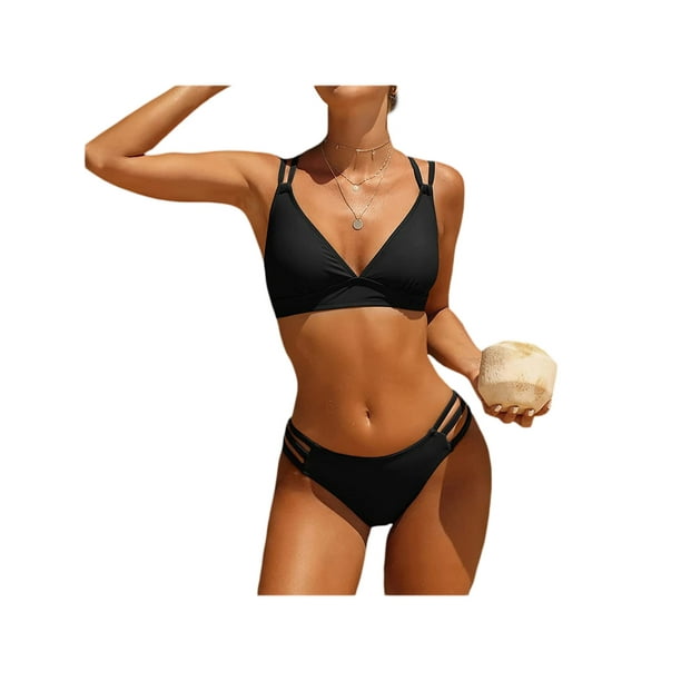 Liacowi Women's V Neck Bikini Set Doublestrap Bra Triangle Swimsuit Strappy Bathing Suits 2