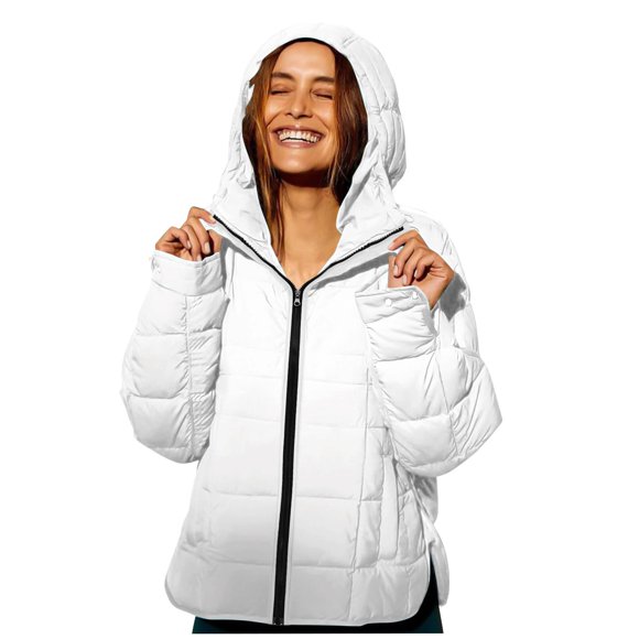 Breezora Lightweight Quilted Puffer Jacket for Women with Hood and Round Hem Zippered Light Winter Warm Coat XXL Size White
