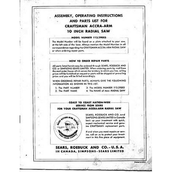 Instruction Manual ONLY for Craftsman 113.29003 Accra-Arm 10 inch Radial Saw Instructions REPRINT