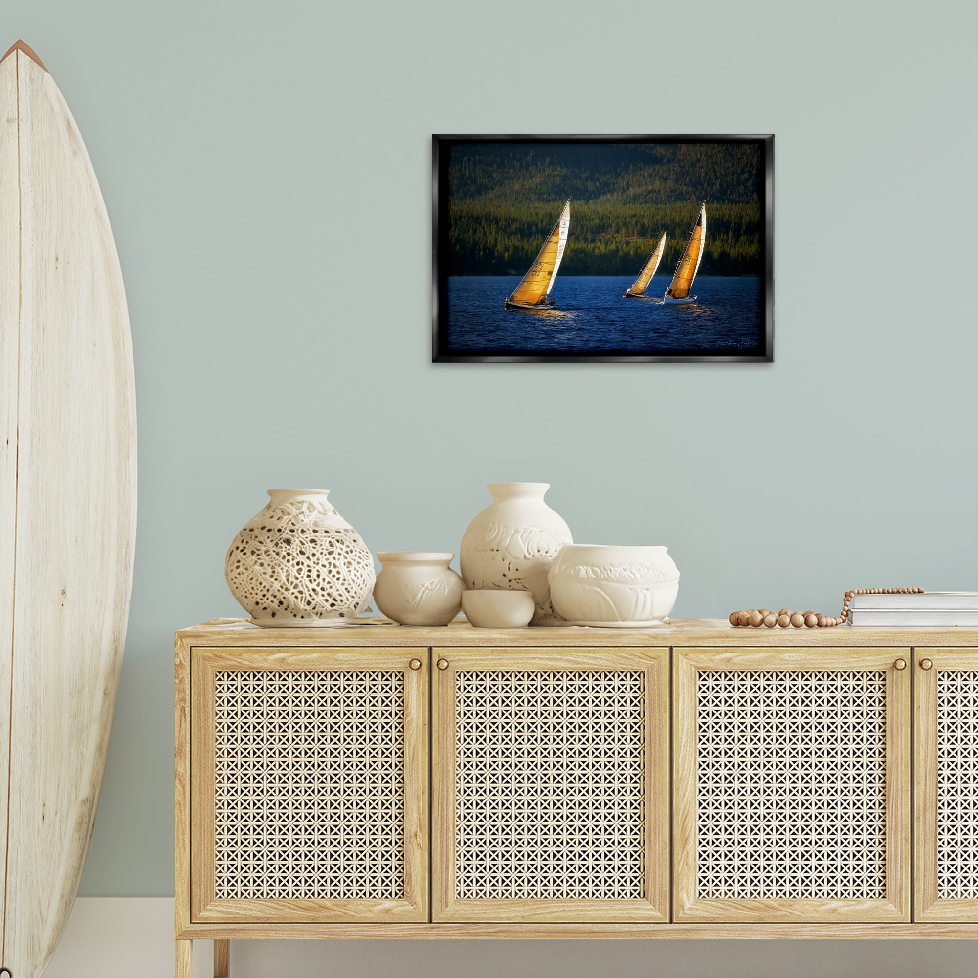 Stupell Industries Floating Sailboat Trio Transportation Photography Black Floater Framed Canvas Art Print Wall Art, 25 x 17