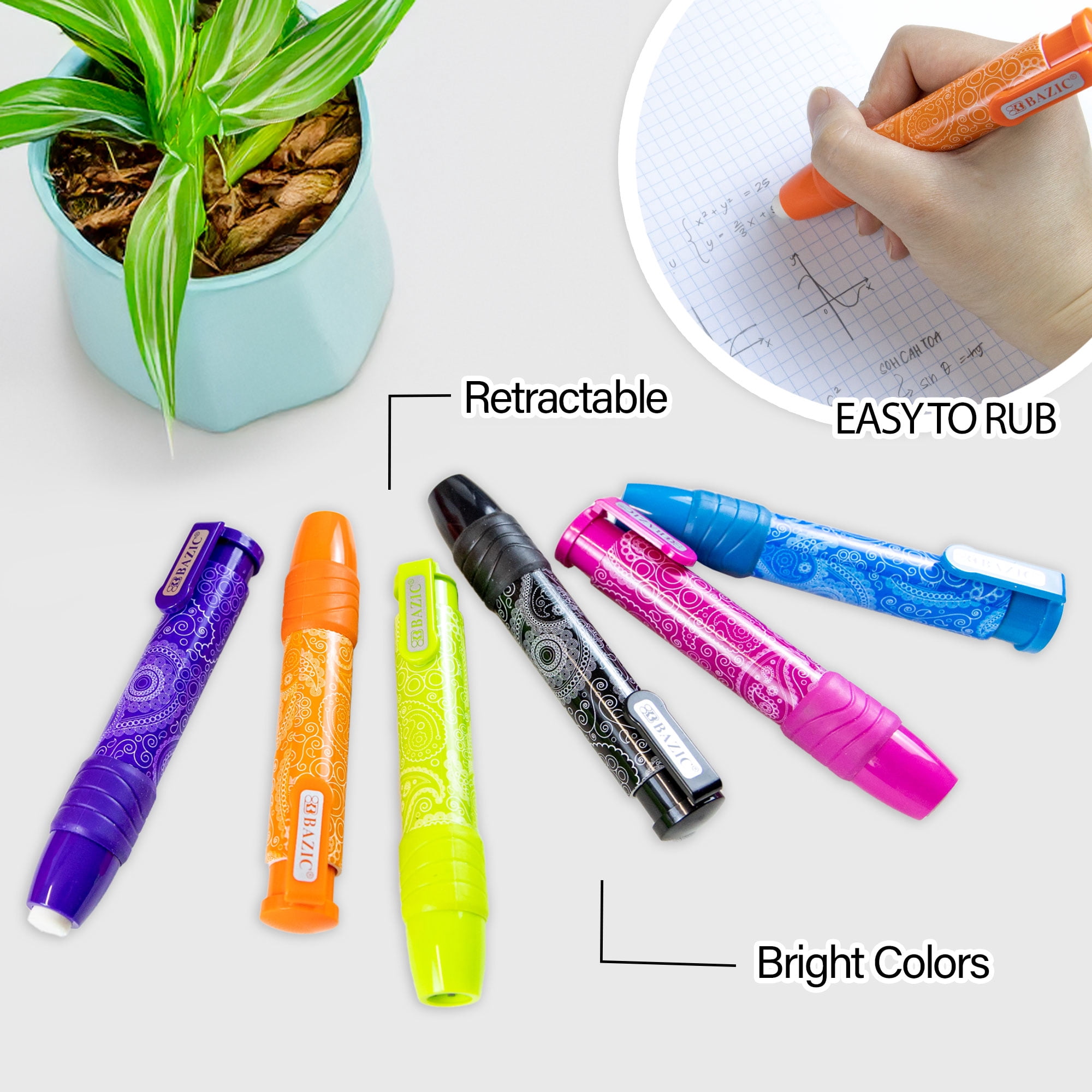 BAZIC Retractable Stick Erasers, Mechanical Pencil Eraser (2/Pack), 24-Packs