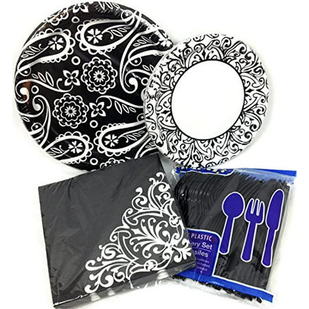Black White Wild Diva Paisley Artistic *!2 Guest Dinner Cocktail Supply Pack Bundle *Plates, Cups, Napkins, Utensils (4 Items), Perfect Party.., By (Best Dinner Party Guests)