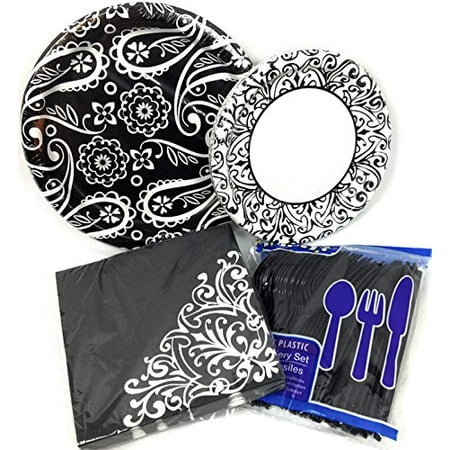 Black White Wild Diva Paisley Artistic *!2 Guest Dinner Cocktail Supply Pack Bundle *Plates, Cups, Napkins, Utensils (4 Items), Perfect Party.., By