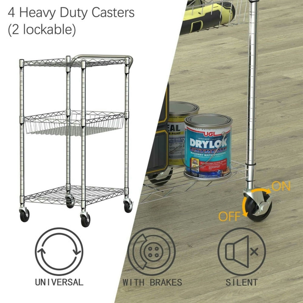Finihen Rolling Cart, Kitchen Island Cart, 3-Tier Rolling Utility Cart with Handle Bar and Adjustable Shelves, for Kitchen, Dining Room, Silver Finihen Rolling Cart, Kitchen Island Cart, 3-Tier Rolling Utility Cart with Handle Bar and Adjustable Shelves, for Kitchen, Dining Room, Silver