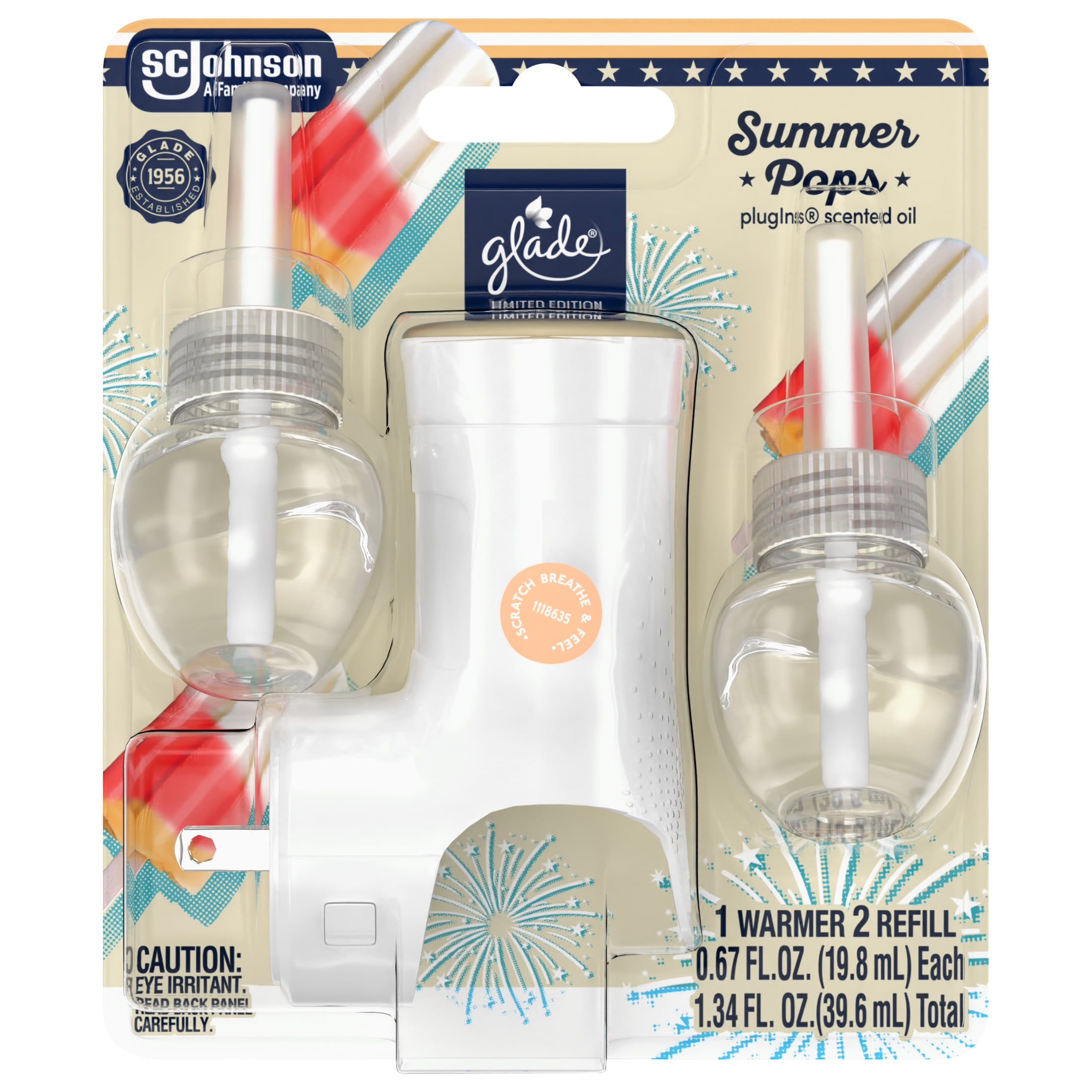 Glade PlugIns Refills Air Freshener Starter Kit, Summer Pops, 1.34 Fl oz., 1 Warmer + 2 Refills