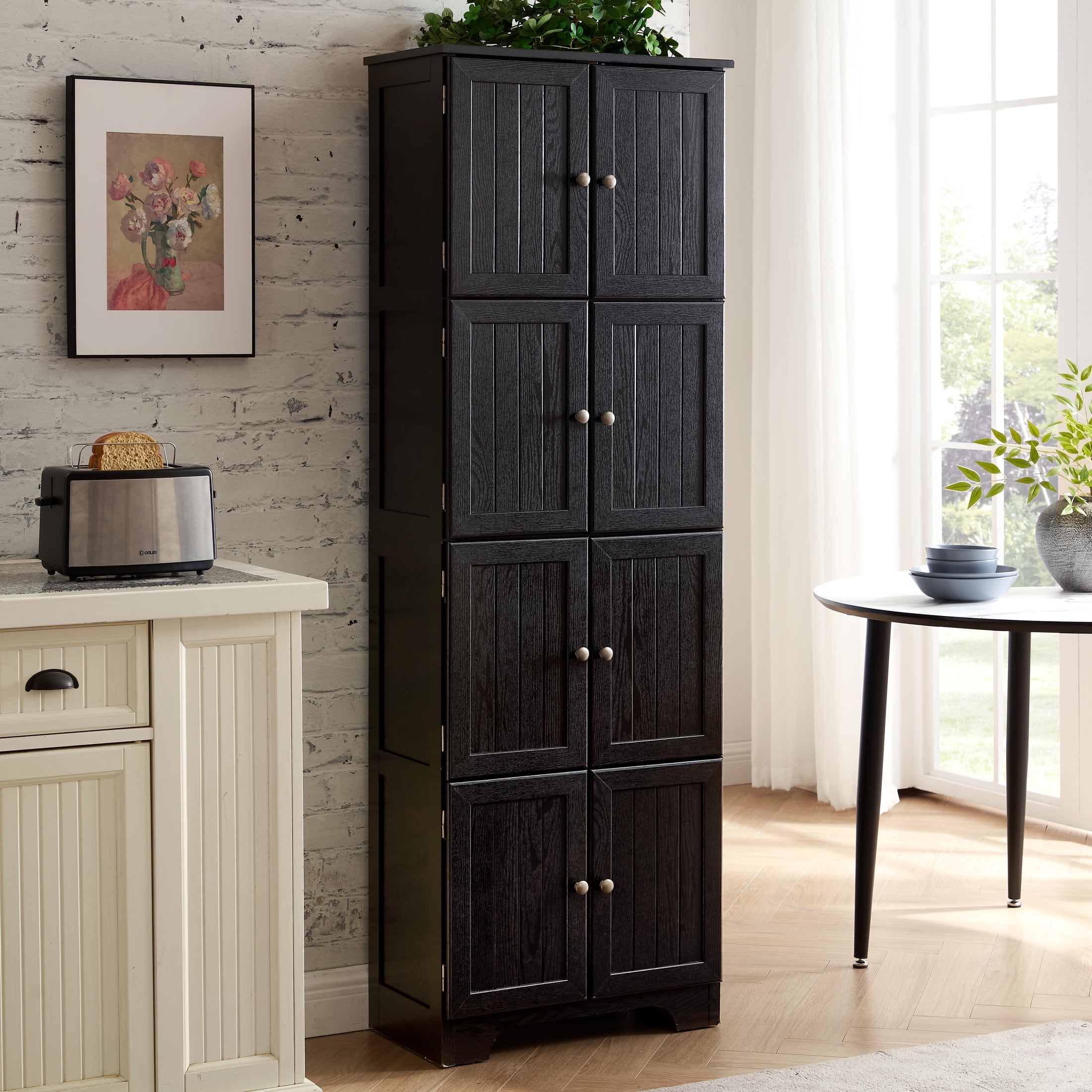 Noble House Vandal 72.4" Tall Storage Cabinet, 8-Door Freestanding Pantry Bookshelf with Shelves, Kitchen, Black
