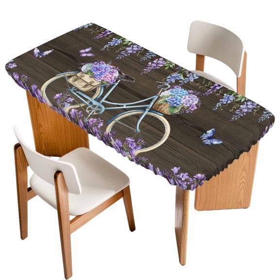 Purple Flowers Table Cloths for 4 Foot Rectangle Tables, Weeping Spring Floral Bicycle Wooden Farmhouse Patio Waterproof Elastic Fitted Tablecloths, Washable Rectangular Table Cover for Camping