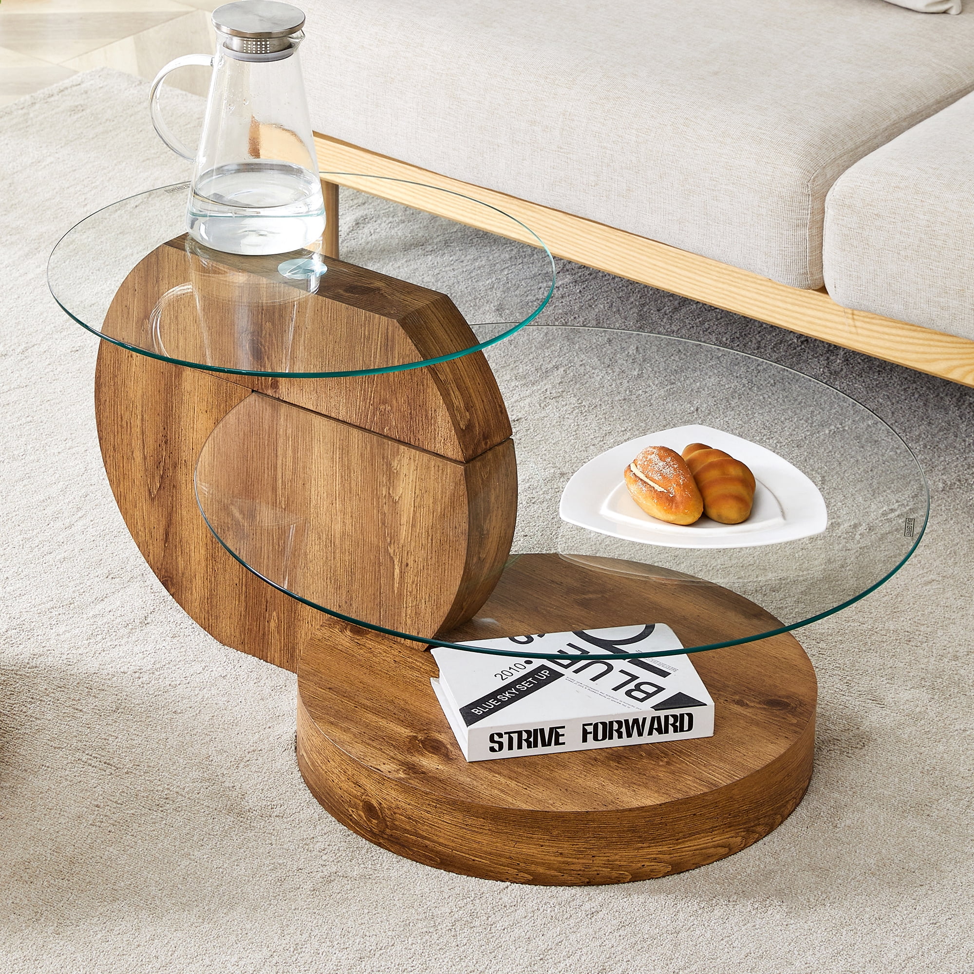 JUFU 35.4" Glass Coffee Table, Modern Round Coffee Table with MDF Base, 2-Tier Tempered Glass Top, Easy to Assemble, Ideal for Living Room, Small Space, Home Office