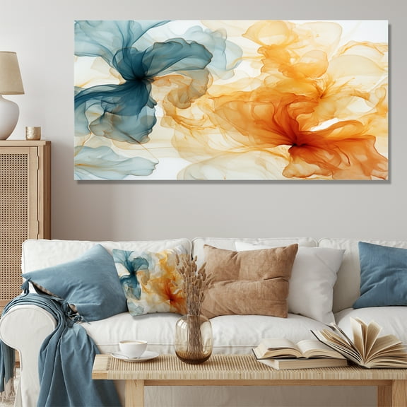 Designart "Echoes Ink Collages Orange and Blue Fusion" Extra Large Abstract Wall Art - Modern Orange Abstract Collages Entryway Wall Art Print