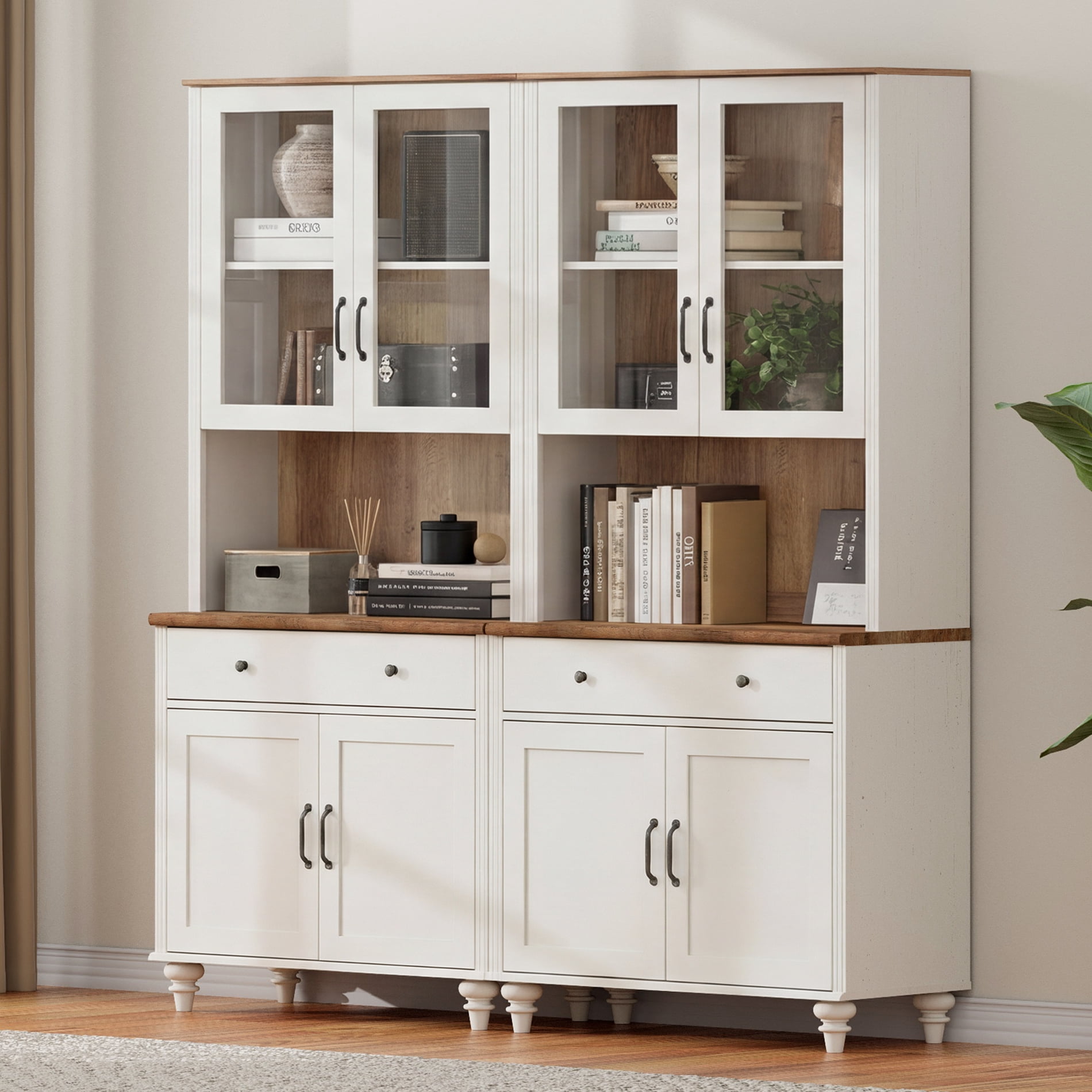 White Large Bookcase, Farmhouse Bookshelf with Ample Storage Cabinet, Library Wooden Bookshelves for Living Room, Office, Study Room, Kitchen