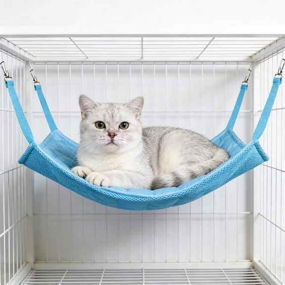 Cififendec Cooling Cat Cage Hammock, Breathable Summer Pet Bed, Mesh Hanging Crate Bed, Cold Sling Cushion for Cats and Small Pets, Blue-L