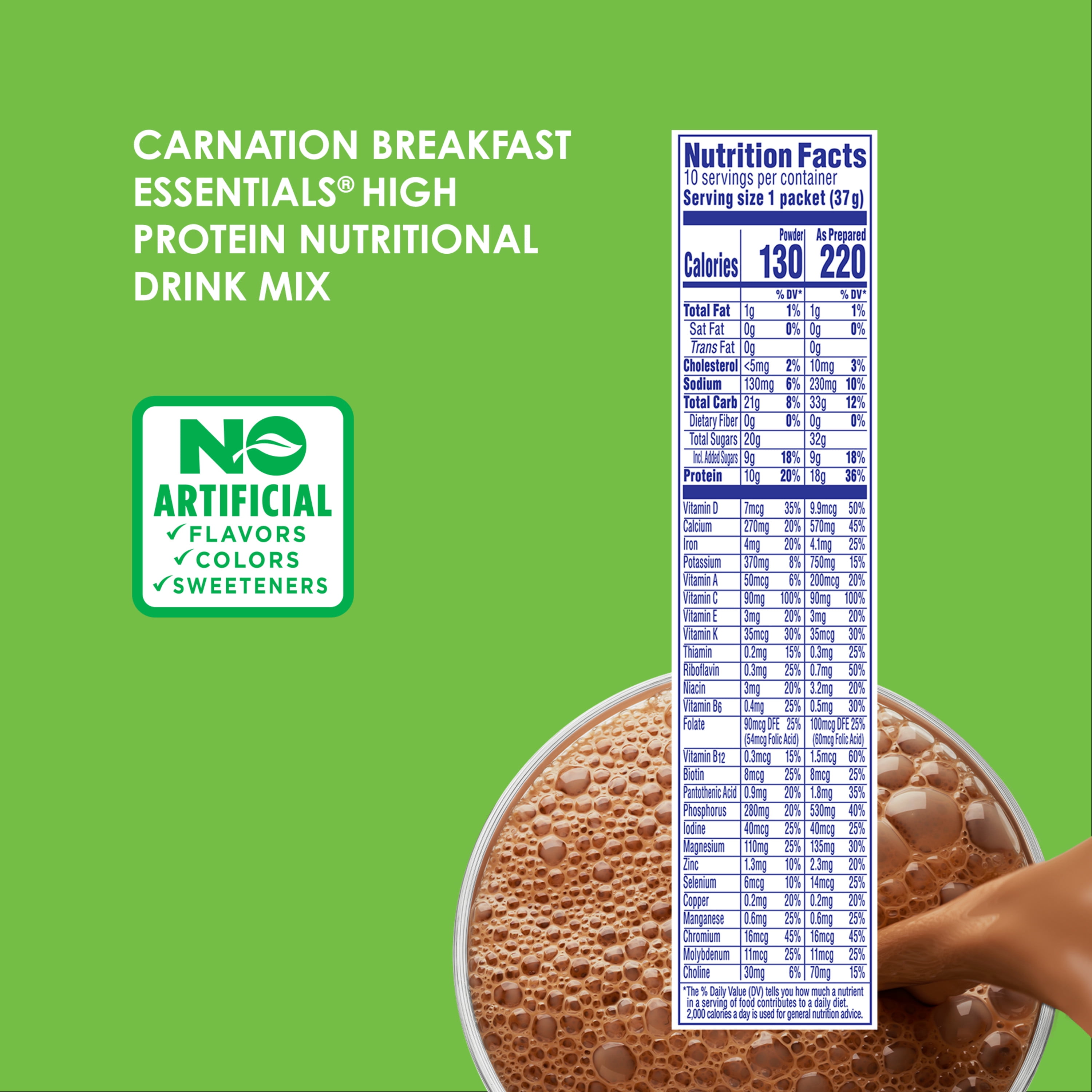 Carnation Breakfast Essentials High Protein Nutritional Powder Drink Mix, Rich Milk Chocolate, 10 - 37 g Packets