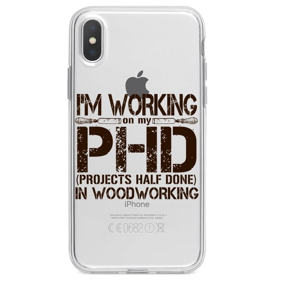 DistinctInk Clear Shockproof Hybrid Case for iPhone XR (6.1" Screen) - TPU Bumper Acrylic Back Tempered Glass Screen Protector - Working on PHD Projects Half Done Woodworking