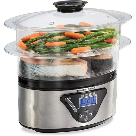 

Digital Food Steamer For Quick Healthy Cooking With Stackable Two-Tier Bowls For Vegetables And Seafood Plus Rice Basket 5.5 Quart Black & Stainless Steel