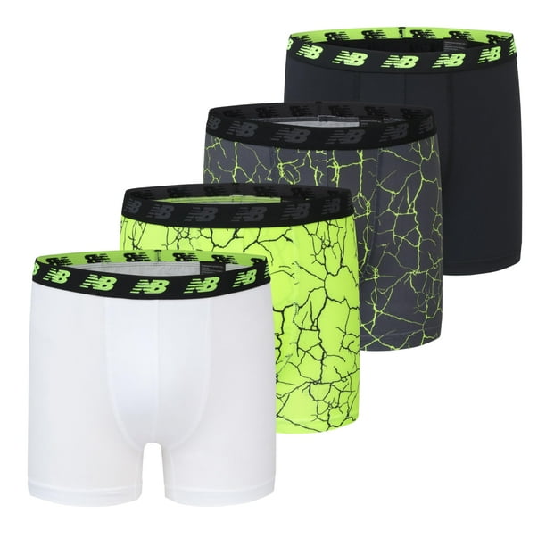Calzoncillos bóxer New Balance Performance de 3.5 pulgadas para niños (paquete de 4), estampado blanco/Hi-Lite/negro/Hi-Lite, tamaño pequeño