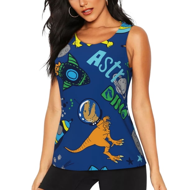 Balery Dinosaur In Space Camiseta sin mangas estampada ligera para mujer, tops de entrenamiento sin mangas, camisetas de yoga transpirables de secado rápido.-Large