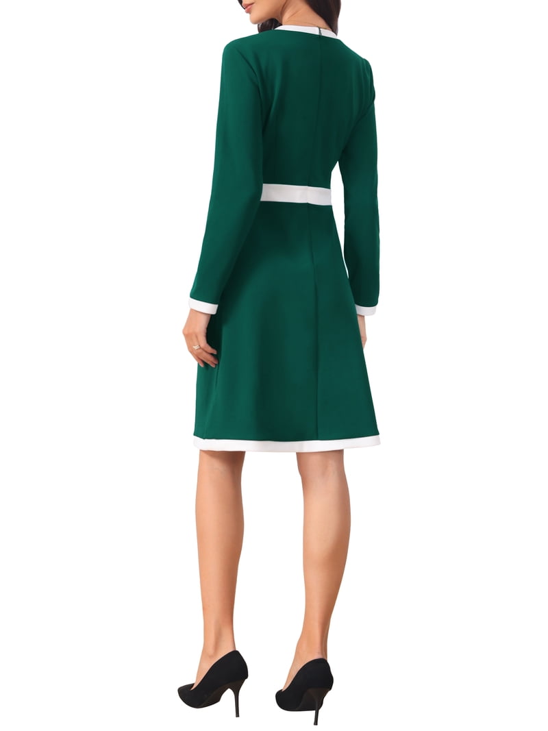 Inspire Chic Women's Work A-Line Dress Long Sleeve Contrast Color Dresses XL Dark Green, Black
