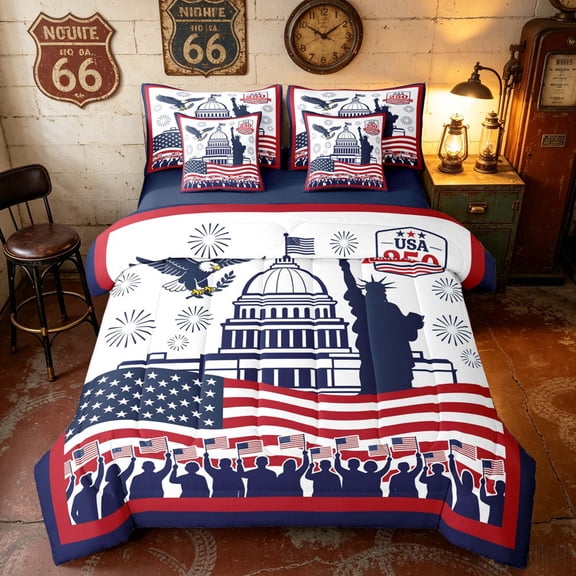 Manfei American Flag Twin Bedding, Retro 250 Anniversary Bedding Comforter Set, Red Blue White, Navy Reversible 7 Pieces