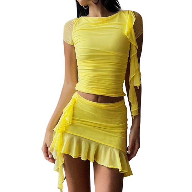 Vestido Falda Conjunto de 2 piezas para mujer Traje de fiesta ajustado con volantes de color sólido Kuymtek Amarillo T L para Mujer