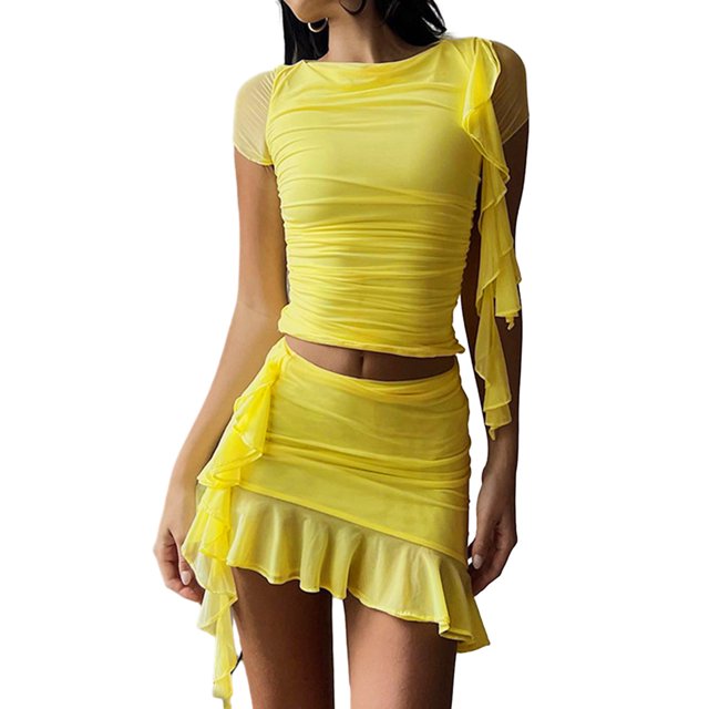 Vestido Falda Conjunto de 2 piezas para mujer Traje de fiesta ajustado con volantes de color sólido Kuymtek Amarillo T M para Mujer