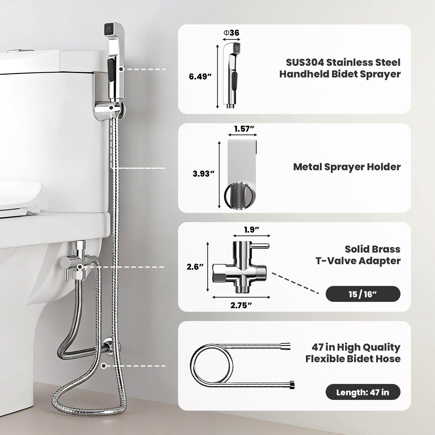 Inster Stainless Steel Handheld Bidet Sprayer, Bidet Attachment Silver with T-Valve Shut Off, Adjustable Pressure