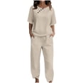 thumbnail image 1 of Conjunto de dos piezas para mujer: camiseta de manga corta con botones y pantalón largo - Poliéster y spandex, estilo informal de verano, 1 of 7