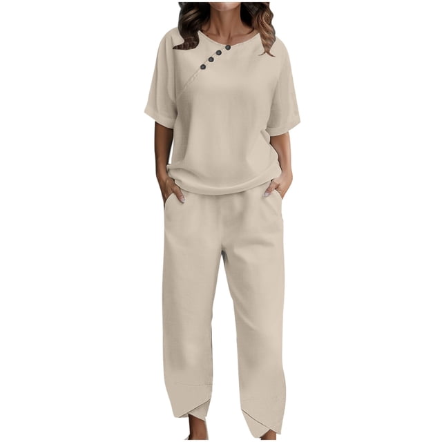 Conjunto de dos piezas para mujer: camiseta de manga corta con botones y pantalón largo - Poliéster y spandex, estilo informal de verano