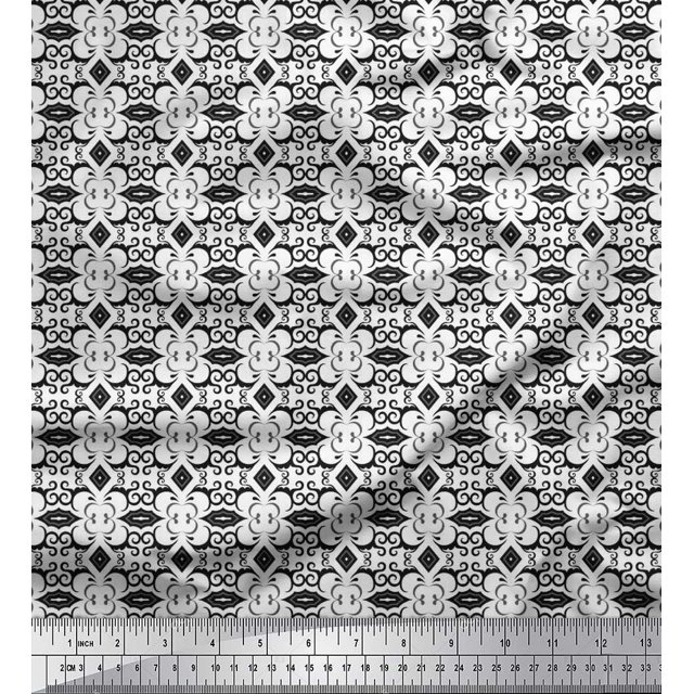 Soimoi Poly Georgette Fabric Diamond Shape & Filigree Damask Decor Fabric Printed Yard 52 Inch Wide