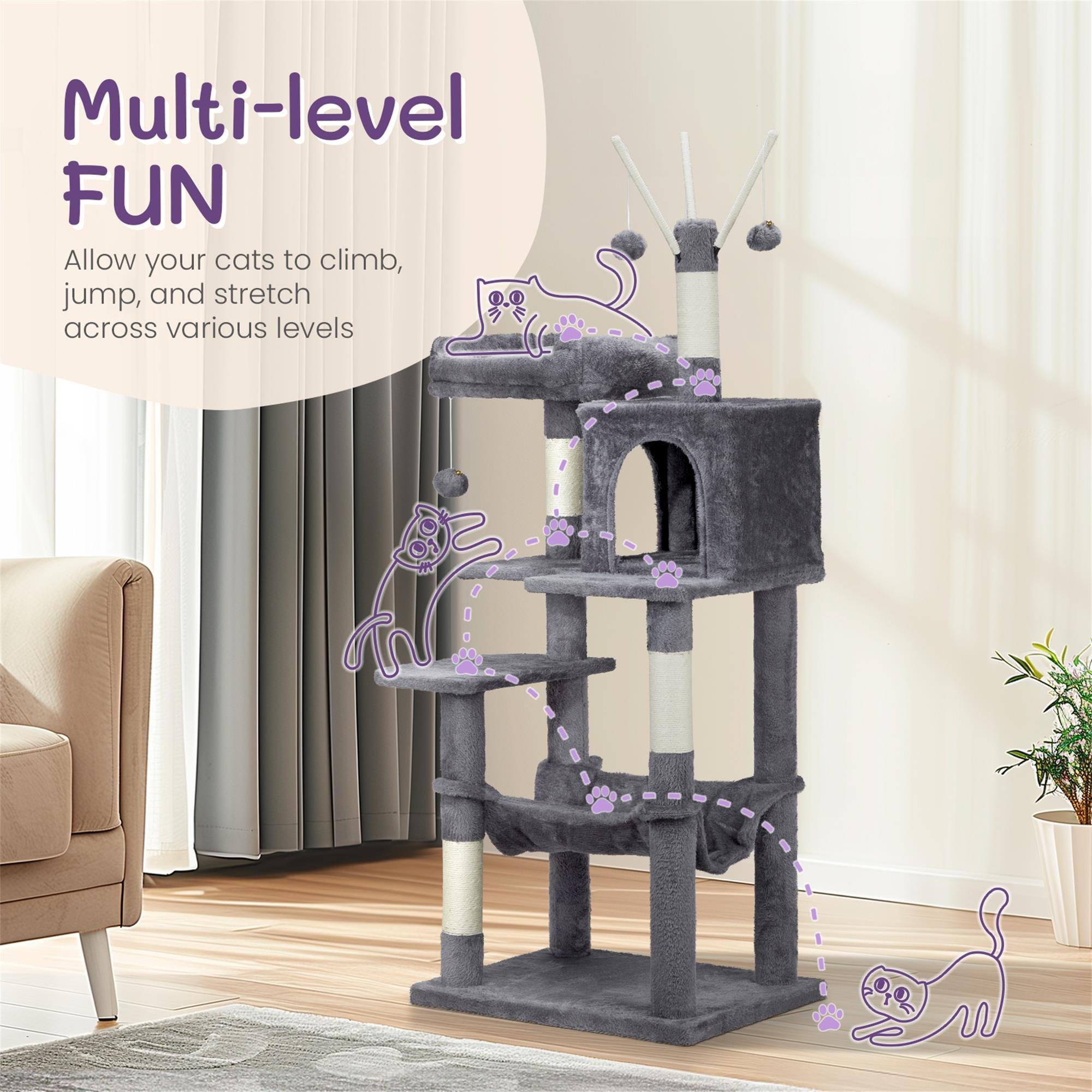 Kadyn 58" Cat Tree Tower for Indoor Cats, Cat House with Padded Platform Bed, Toy Balls, Large Cozy Condo, Hammocks and Sisal Scratching Posts, Dark Gray
