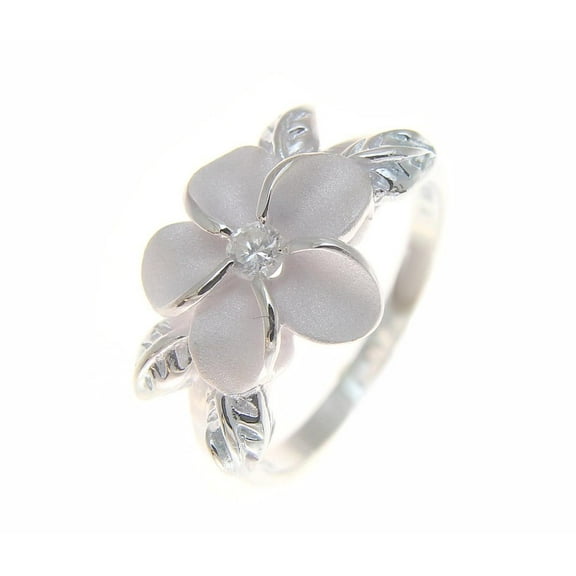 Sterling silver 925 Hawaiian 12mm plumeria flower maile leaf white cz ring size 2
