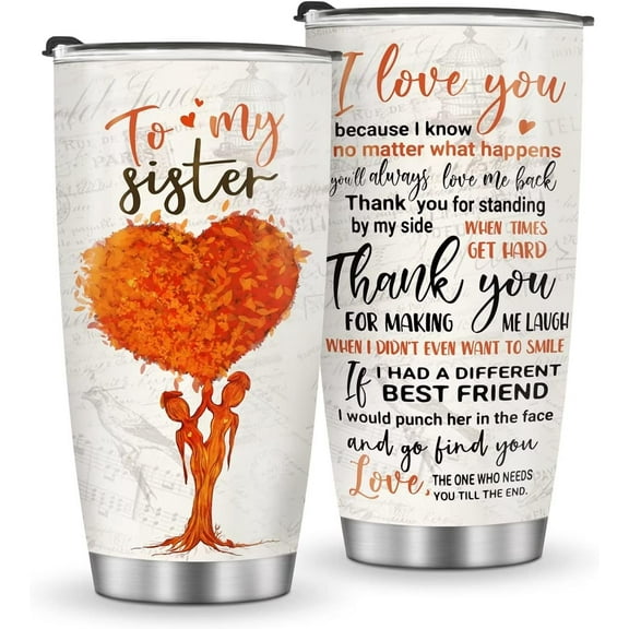 Sister Gifts From Sisters Coffee Tumbler Mug, Gift for Friend Women Sister for Birthday Christmas Valentines 20oz Stainless Steel Slider Lid Insulated Car Home Office Funny Travel Cup