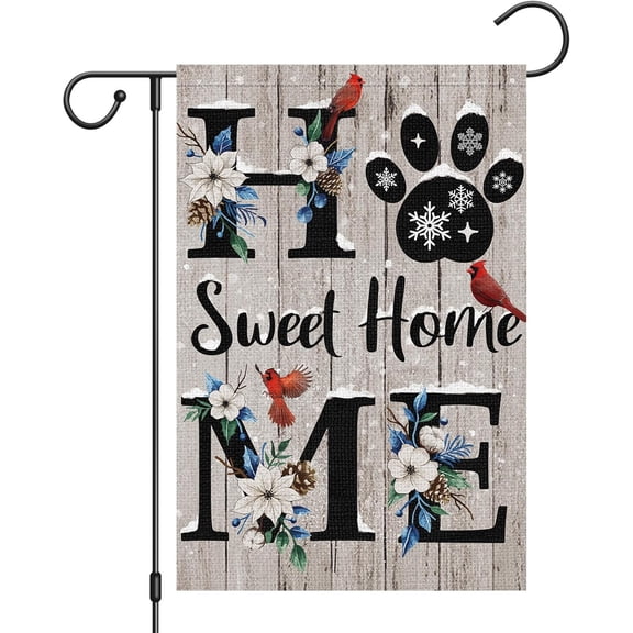 Home Sweet Home Winter Garden Flag 12.5x18 Inch Double Sided Burlap, Winter Cardinal Floral Yard Flag for Winter Christmas Seasonal Outside Outdoor House Decoration (ONLY FLAG)