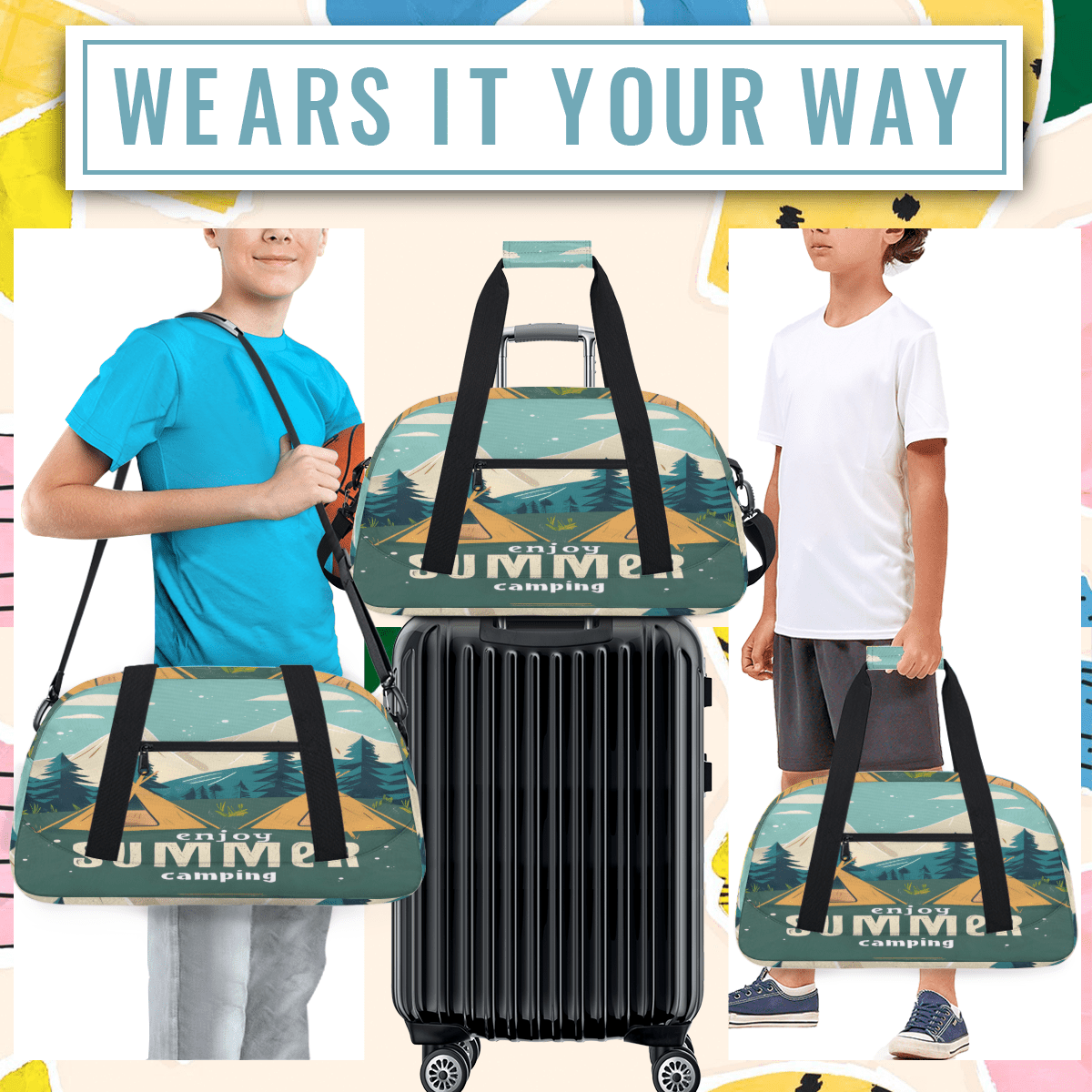Herdesigns Camping Theme Sports Duffle Bag for Women & Men, Gym Bag Dance Bag Overnight Bag Carry On Weekender Travel Bag