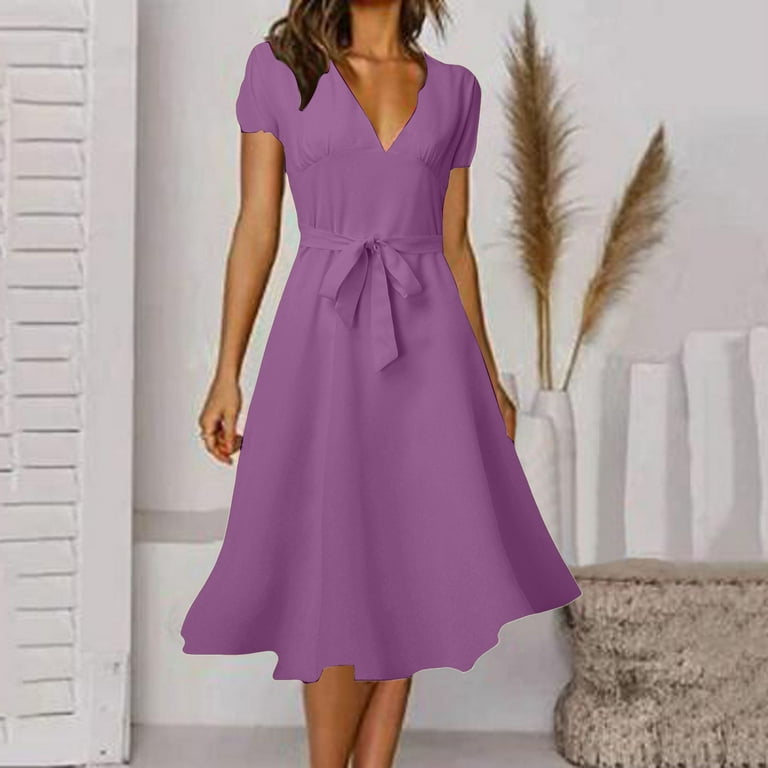 asdoklhq Spring Wedding Guest Dresses for Women Fashion Vintage V Neck  Short Sleeve Dresses Purple M - Walmart.com