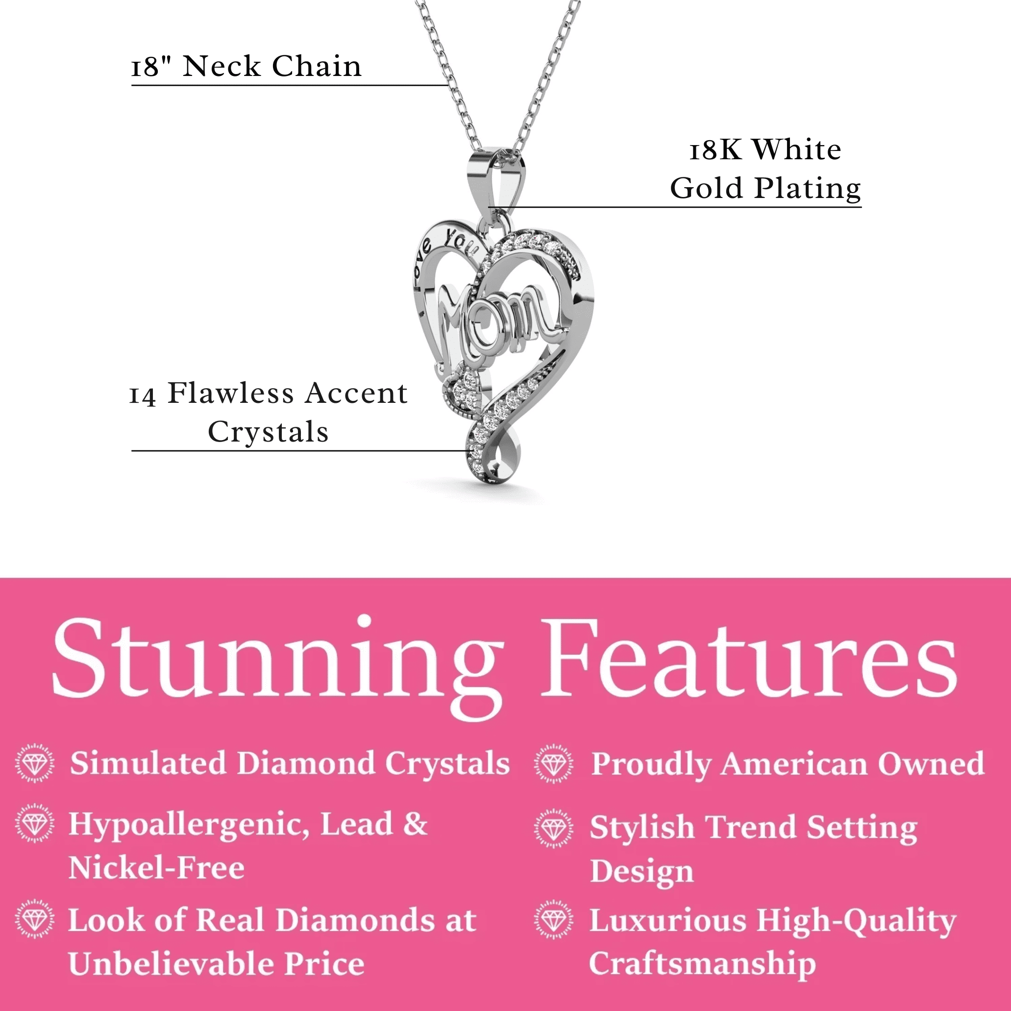 Cate & Chloe Karina 18k Whtie Gold Plated Mom Heart Necklace with Simulated Diamonds for Women