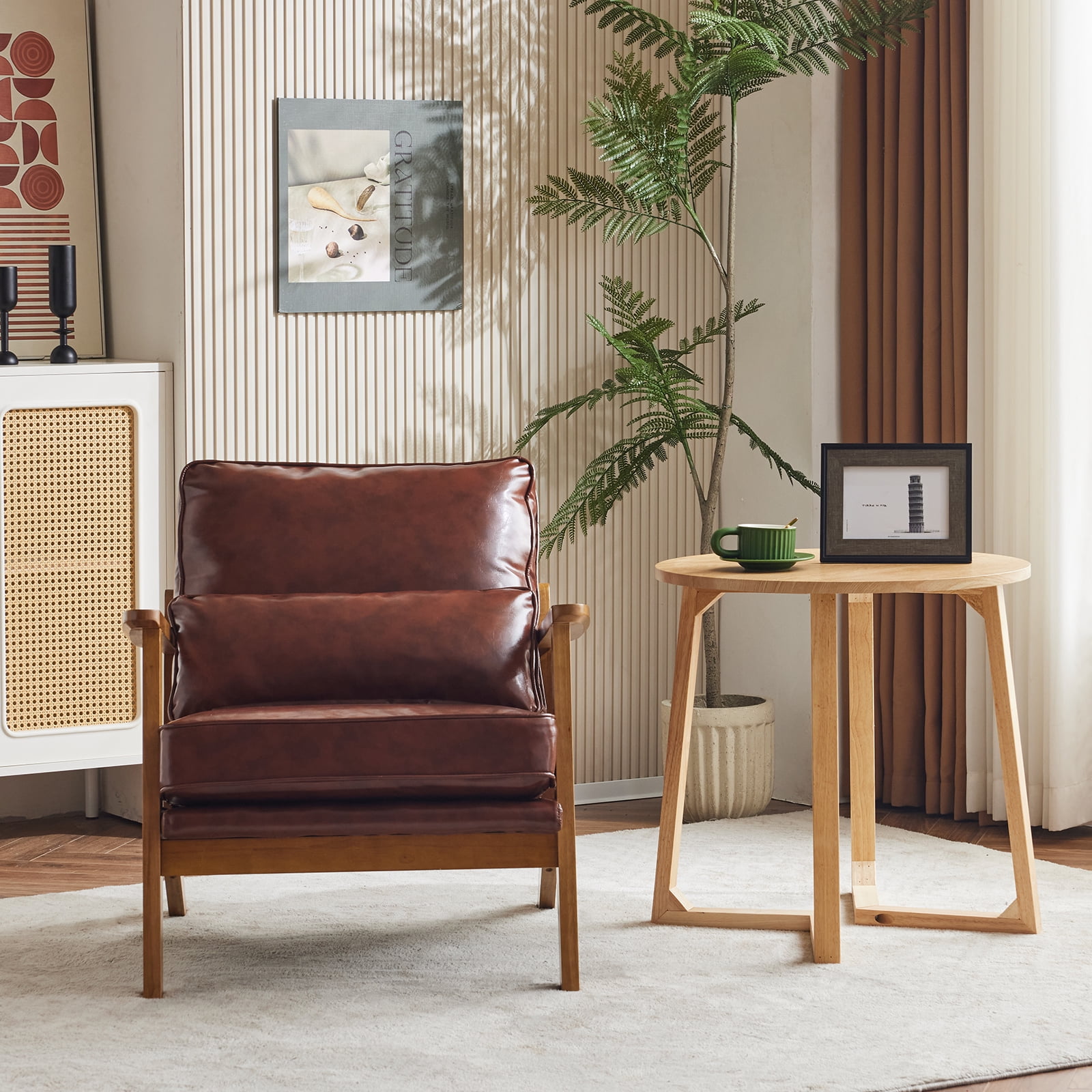 Ktaxon Accent Chair PU Upholstered Armchair, Reading Club Chair with Pillow for Living Room Bedroom Furniture Brown