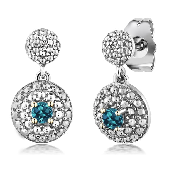 Gem Stone King London Blue Topaz and White Diamond Dangle Earrings for Women | 0.27 Cttw | Gemstone November Birthstone | Round 3MM
