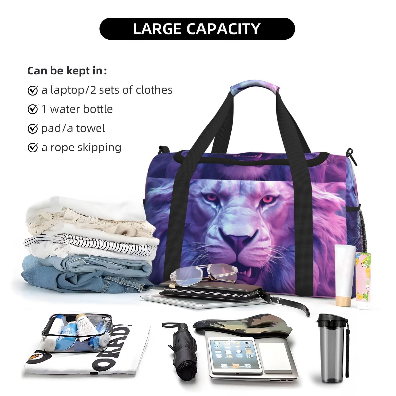 Fuzoiu Cool Lion Head Print Travel Duffle Bag,Carry On Tote Bags,Duffel Bag,Sport Gym Bag, Hospital Bag for Labor and Delivery, Overnight Bag,Luggage Bag