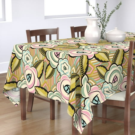 

Cotton Sateen Tablecloth 70 x 120 - Art Deco Blossom Flowers Roses Leaves Vintage Floral Style Large Bouquet Chevron Print Custom Table Linens by Spoonflower